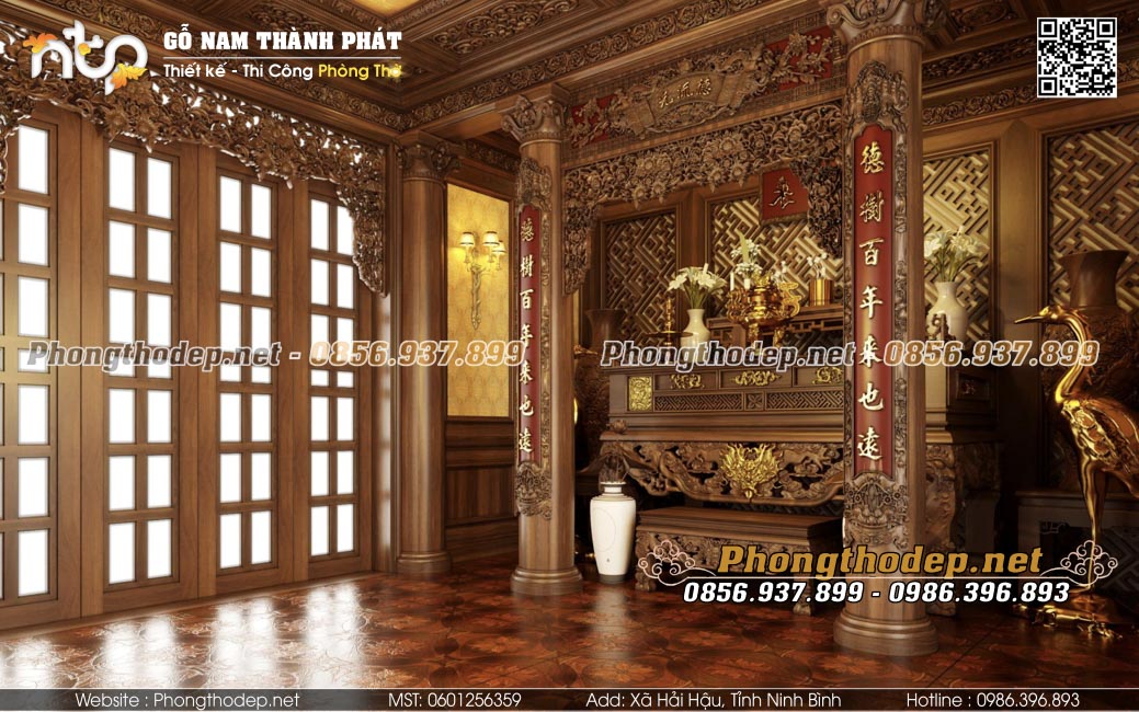 Phòng thờ gia tiên hiện đại với nội thất gỗ tự nhiên sang trọng